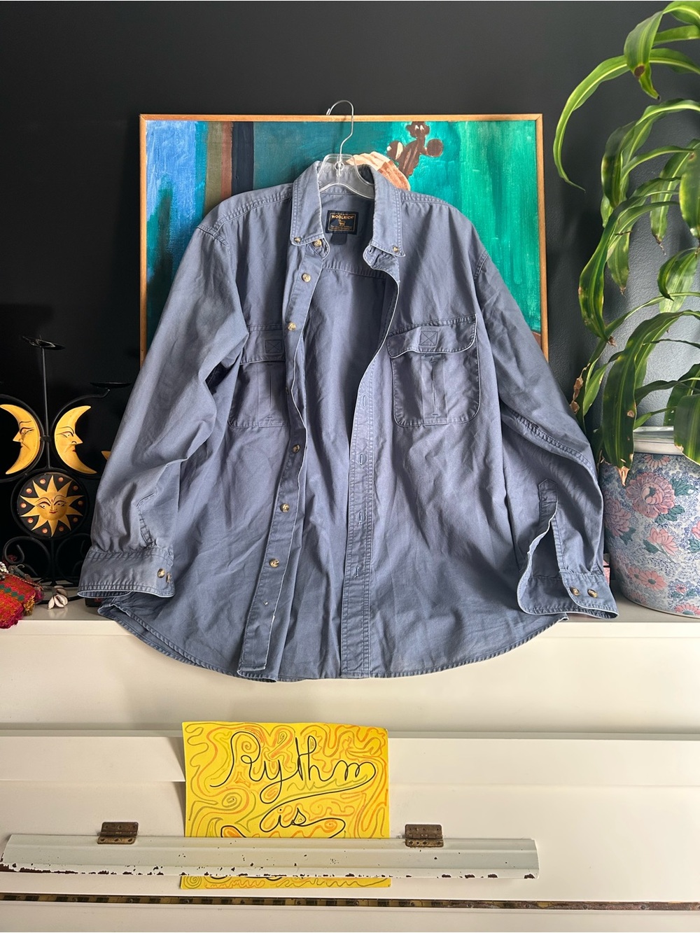 Woolrich Blue Button Up Utility Work Shirt Outdoor Cotton Long Sleeve Men’s XL